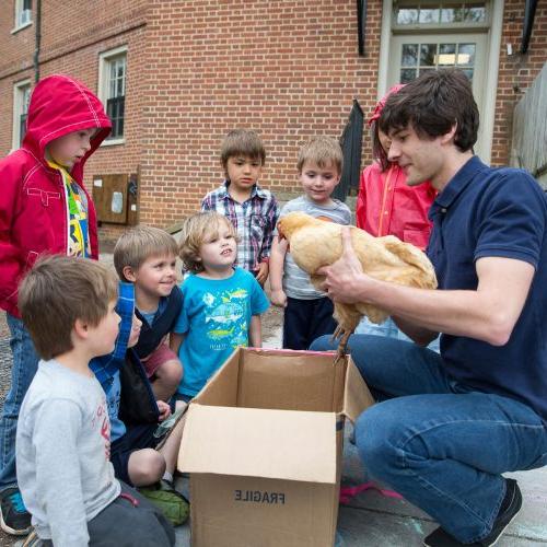 Nursery school students meet one of the chickens from the College's Organic Garden.